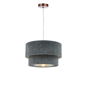 Tonga 1 Light E27 Aged Copper Adjustable Pendant C/W Cool Grey Velvet Shade With A Silver Metallic Lining
