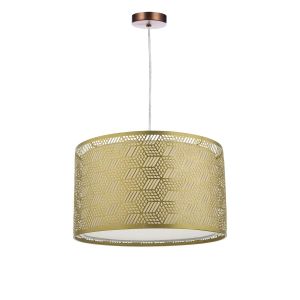 Alto 1 Light E27 Aged Copper Adjustable Pendant C/W Gold Finish Metal Drum Shade With Intricate Geometric Piercings