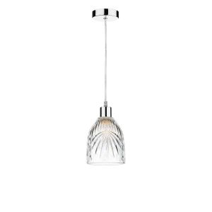 Tonga 1 Light E27 Chrome Adjustable Pendant C/W Clear Cut Glass Shade With Palm Leaf-Style Engravings