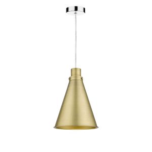 Tonga 1 Light E27 Chrome Adjustable Pendant C/W Aged Brass Metal Cone Shaped Shade