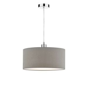 Tonga 1 Light E27 Chrome Adjustable Pendant C/W White Smooth Faux Silk 60cm Drum Shade With Soft White Acrylic Diffuser