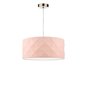 Tonga 1 Light E27 Antique Brass Adjustable Pendant C/W Pink Cotton Drum Shade With Diamond Pattern Design & Complete With A Removable Diffuser