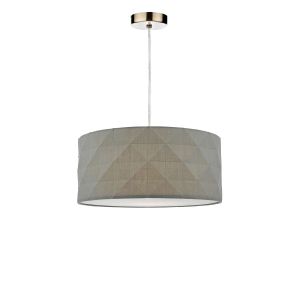 Tonga 1 Light E27 Antique Brass Adjustable Pendant C/W Grey Cotton Drum Shade With Diamond Pattern Design & Complete With A Removable Diffuser