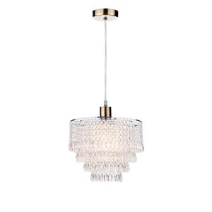 Tonga 1 Light E27 Antique Brass Adjustable Pendant C/W Polished Antique Brass Shade With Faceted Acylic Beads & Droppers