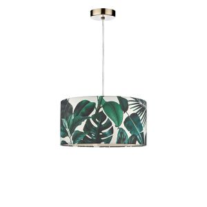 Tonga 1 Light E27 Antique Brass Adjustable Pendant C/W Green Palm Print Drum Shade On A White Background Complete With A White Cotton Diffuser