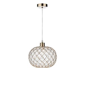Tonga 1 Light E27 Antique Brass Adjustable Pendant C/W Gold Finish Frame Shade With Faceted Acrylic Heptagonal Beads
