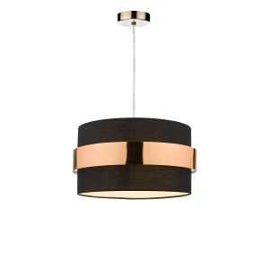 Tonga 1 Light E27 Antique Brass Adjustable Pendant C/W Black Cotton Shade With Copper Band Finish