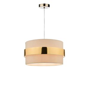 Alto 1 Light E27 Antique Brass Adjustable Pendant C/W Taupe Cotton Shade With Gold Band Finish