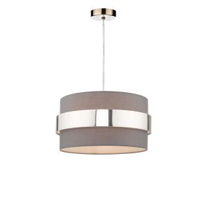 Alto 1 Light E27 Antique Brass Adjustable Pendant C/W Grey Cotton Shade With Polished Antique Brass Band Finish