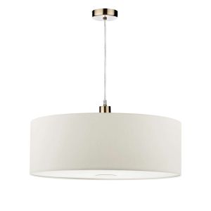 Alto 1 Light E27 Antique Brass Adjustable Pendant C/W White Smooth Faux Silk 60cm Drum Shade With Soft White Acrylic Diffuser