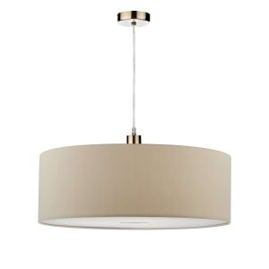 Tonga 1 Light E27 Antique Brass Adjustable Pendant C/W Taupe Faux Silk 60cm Drum Shade With Soft White Acrylic Diffuser