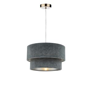 Tonga 1 Light E27 Antique Brass Adjustable Pendant C/W Cool Grey Velvet Shade With A Silver Metallic Lining