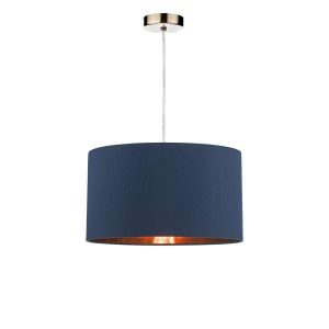 Tonga 1 Light E27 Antique Brass Adjustable Pendant C/W Navy Blue Smooth Faux Silk Drum Shade With Metallic Rose Gold Lining