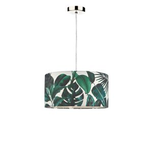 Alto 1 Light E27 Satin Chrome Adjustable Pendant C/W Green Palm Print Drum Shade On A White Background Complete With A White Cotton Diffuser
