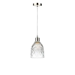 Alto 1 Light E27 Satin Chrome Adjustable Pendant C/W Clear Cut Glass Shade With Palm Leaf-Style Engravings