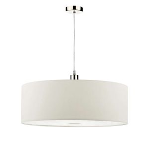 Tonga 1 Light E27 Satin Chrome Adjustable Pendant C/W White Smooth Faux Silk 60cm Drum Shade With Soft White Acrylic Diffuser