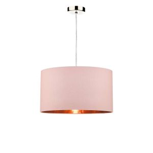 Alto 1 Light E27 Satin Chrome Adjustable Pendant C/W Pink Smooth Faux Silk Drum Shade With Metallic Rose Gold Lining