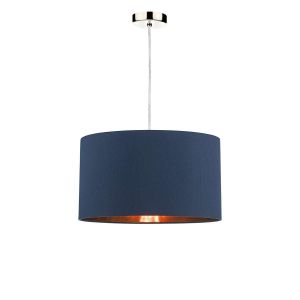 Alto 1 Light E27 Satin Chrome Adjustable Pendant C/W Navy Blue Smooth Faux Silk Drum Shade With Metallic Rose Gold Lining