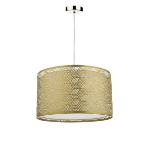 Tonga 1 Light E27 Satin Chrome Adjustable Pendant C/W Gold Finish Metal Drum Shade With Intricate Geometric Piercings