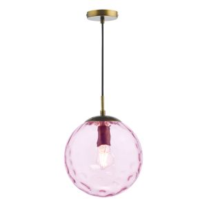 1 Light E27 Bronze Adjustable Suspension With Black Braided Cable C/W Pink Ripple Effect 25cm Glass Shade