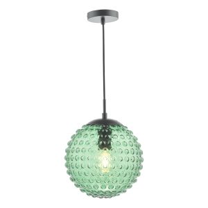 1 Light E27 Matt Black Adjustable Suspension With Black Braided Cable C/W Green Hobnail Effect 25cm Glass Shade