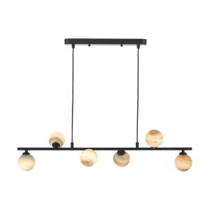 Spiral 6 Light G9 Matt Black Adjustable Linear Bar Pendant C/W Planet Style Glass Shades