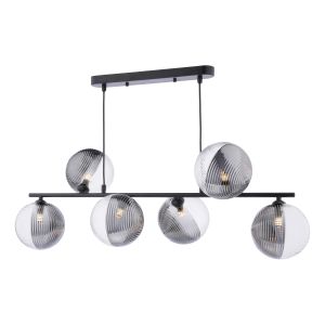 Spiral 6 Light G9 Matt Black Adjustable Linear Bar Pendant C/W 15cm Smoked & Clear Ribbed Glass Shades