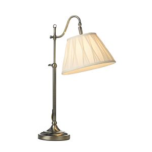 Suffolk 1 Light E14 Antique Brass Adjustable Table Lamp With Inline Switch C/W Ccrain Faux Silk Pinch Pleat Tapered Shade
