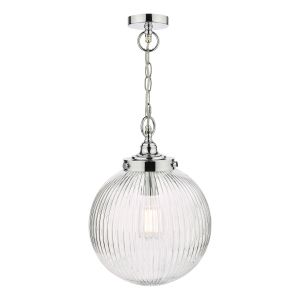 Tamara 1 Light E27 Polished Chrome Adjustable IP44 Bathroom Single Vintage Globe Pendant With Clear Ribbed Glass Shade