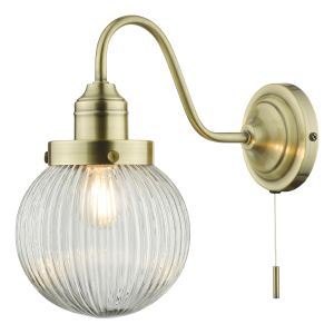 Tamara 1 Light E14 Antique Brass Vintage Globe Wall Light With Pull Cord C/W Clear Ribbed Glass Shade