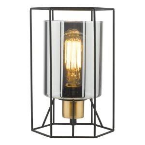 Tatum 1 Light E27 Matt Black Caged Style Table Lamp With Smoked Glass Shade And With Inline Switch