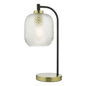 Tehya 1 Light E27 Matt Black Table Lamp With Satin Brass Accents With inline Switch C/W Clear Lozenge-Shaped Glass Shade