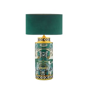 Teisha 1 Light E27 Green/Gold Animal Motif Table Lamp With In-Line Switch C/W Akavia Green Velvet Drum Shade With Self Coloured Cotton Lining