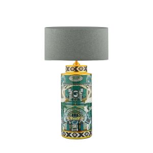 Teisha 1 Light E27 Green/Gold Animal Motif Table Lamp With In-Line Switch C/W Pyramid Grey Linen 35cm Drum Shade