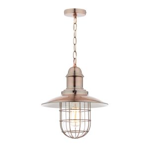 Terrace 1 Light E27 Copper Adjustable Traditional Fisherman's Lamp Pendant With Clear Glass Shade Within A Cage