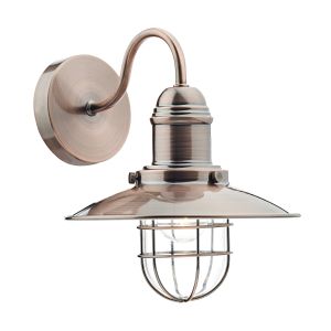 Terrace 1 Light E14 Copper Traditional Fisherman's Lamp Wall Light With Clear Glass Shade Within A Cage