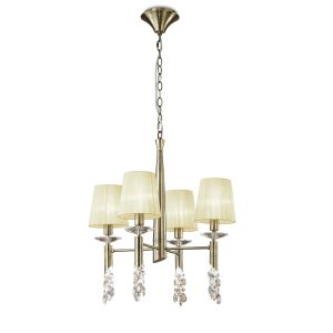Tiffany 55cm Pendant 4+4 Light E14+G9, Antique Brass With Cream Shades & Clear Crystal