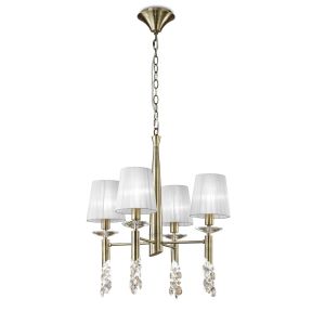 Tiffany 55cm Pendant 4+4 Light E14+G9, Antique Brass With White Shades & Clear Crystal