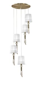 Tiffany 60cm Pendant 5+5 Light E27+G9 Spiral, Antique Brass With White Shades & Clear Crystal