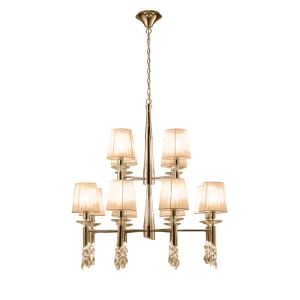 Tiffany 85cm Pendant 2 Tier 12+12 Light E14+G9, French Gold With Soft Bronze Shades & Clear Crystal