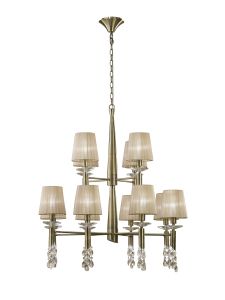 Tiffany Pendant 2 Tier 12+12 Light E14+G9, Antique Brass With Soft Bronze Shades & Clear Crystal