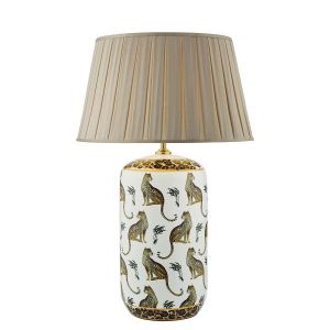 Tigris 1 Light E27 White Ceramic With Leopard Motif Table Lamp With In-Line Switch C/W Degas Taupe Faux Silk Tapered 45cm Drum Shade