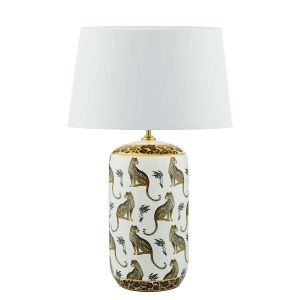 Tigris 1 Light E27 White Ceramic With Leopard Motif Table Lamp With In-Line Switch C/W Pyramid White Linen 46cm Drum Shade