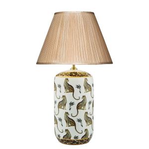 Tigris 1 Light E27 White Ceramic With Leopard Motif Table Lamp With In-Line Switch C/W Puscan Taupe Faux Silk Tapered 43cm Drum Shade