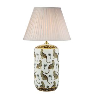 Tigris 1 Light E27 White Ceramic With Leopard Motif Table Lamp With In-Line Switch C/W Puscan Taupe Cotton Tapered 43cm Drum Shade