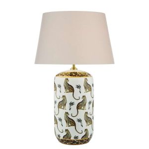 Tigris 1 Light E27 White Ceramic With Leopard Motif Table Lamp With In-Line Switch C/W Puscan Ccrain Cotton Tapered 45cm Drum Shade