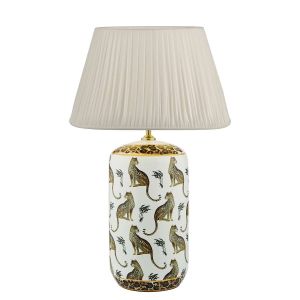 Tigris 1 Light E27 White Ceramic With Leopard Motif Table Lamp With In-Line Switch C/W Ulyana Ivory Faux Silk Pleated 45cm Shade