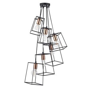 Tower 6 Light E27 Matt Black With Copper Adjustable Cluster Wire Frame Box Pendant