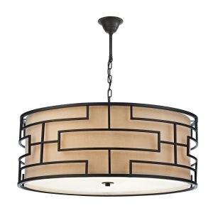 Tumola 6 Light E27 Bronze Metal Work Adjustable Pendant Complimented By Natural Linen Shade & Glass Diffuser
