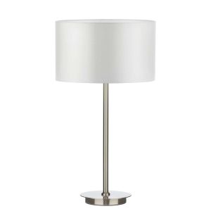 Tuscan 1 Light E27 Satin Chrome Table Lamp With Inline Switch C/W Hilda Ivory Faux Silk 30cm Drum Shade